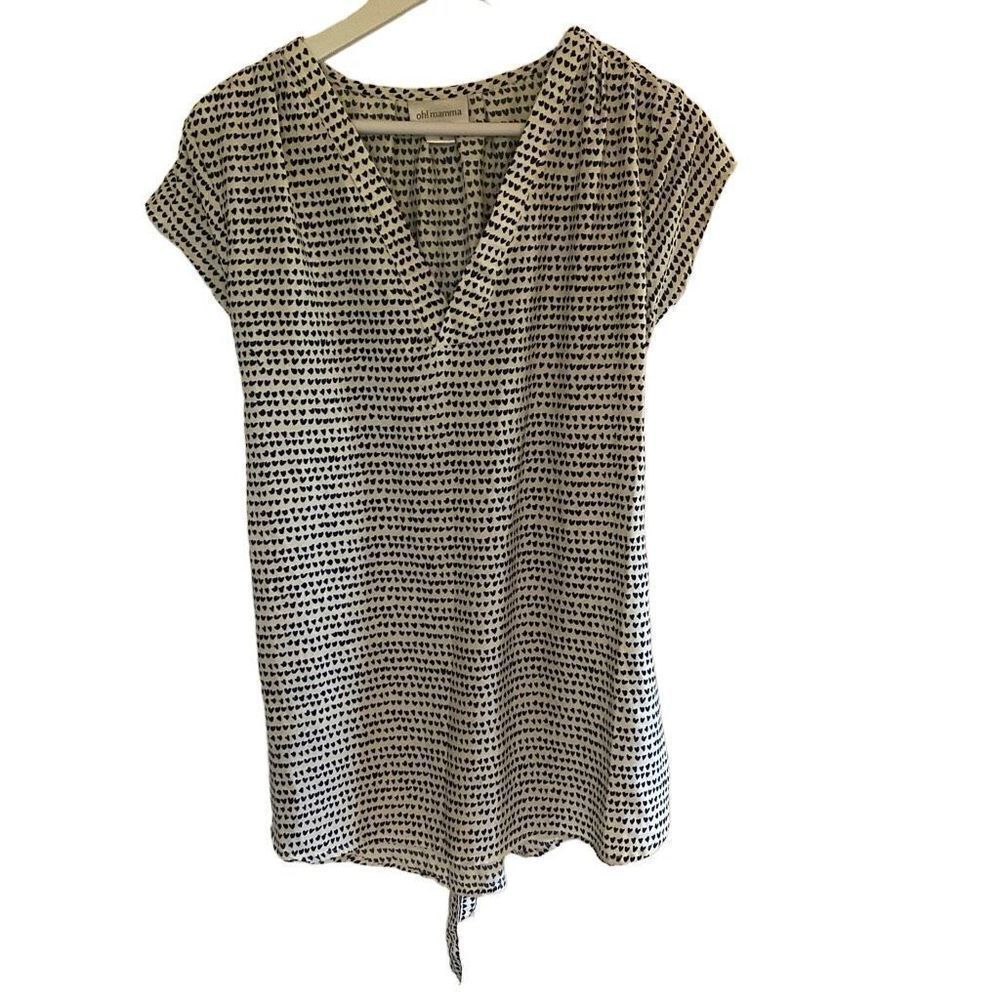 Oh! Mama medium blouse v neck maternity navy blue heart white tie back
